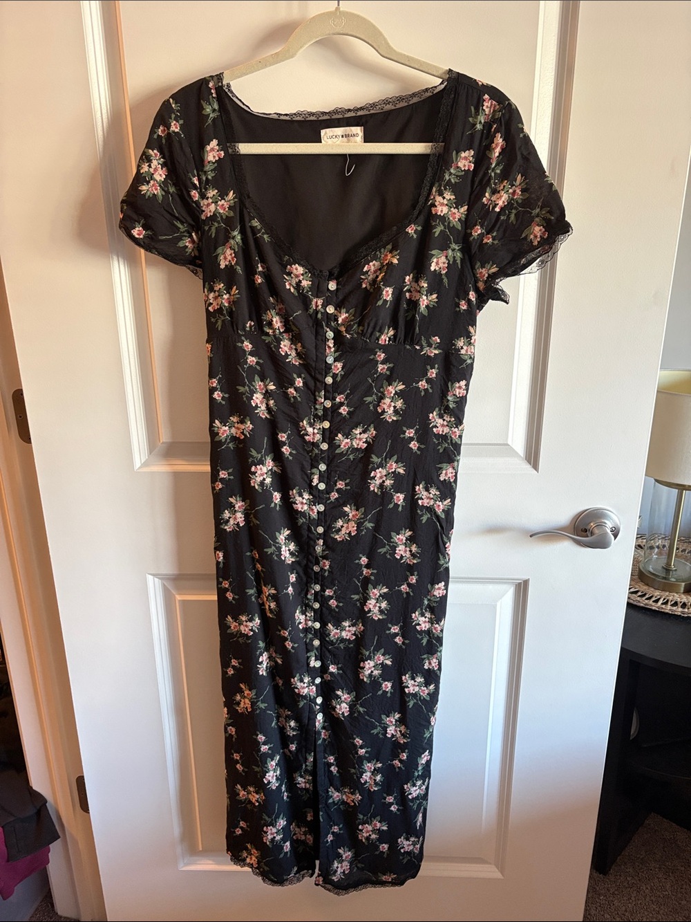 Lucky Brand Floral Button-Front Black Midi Dress
